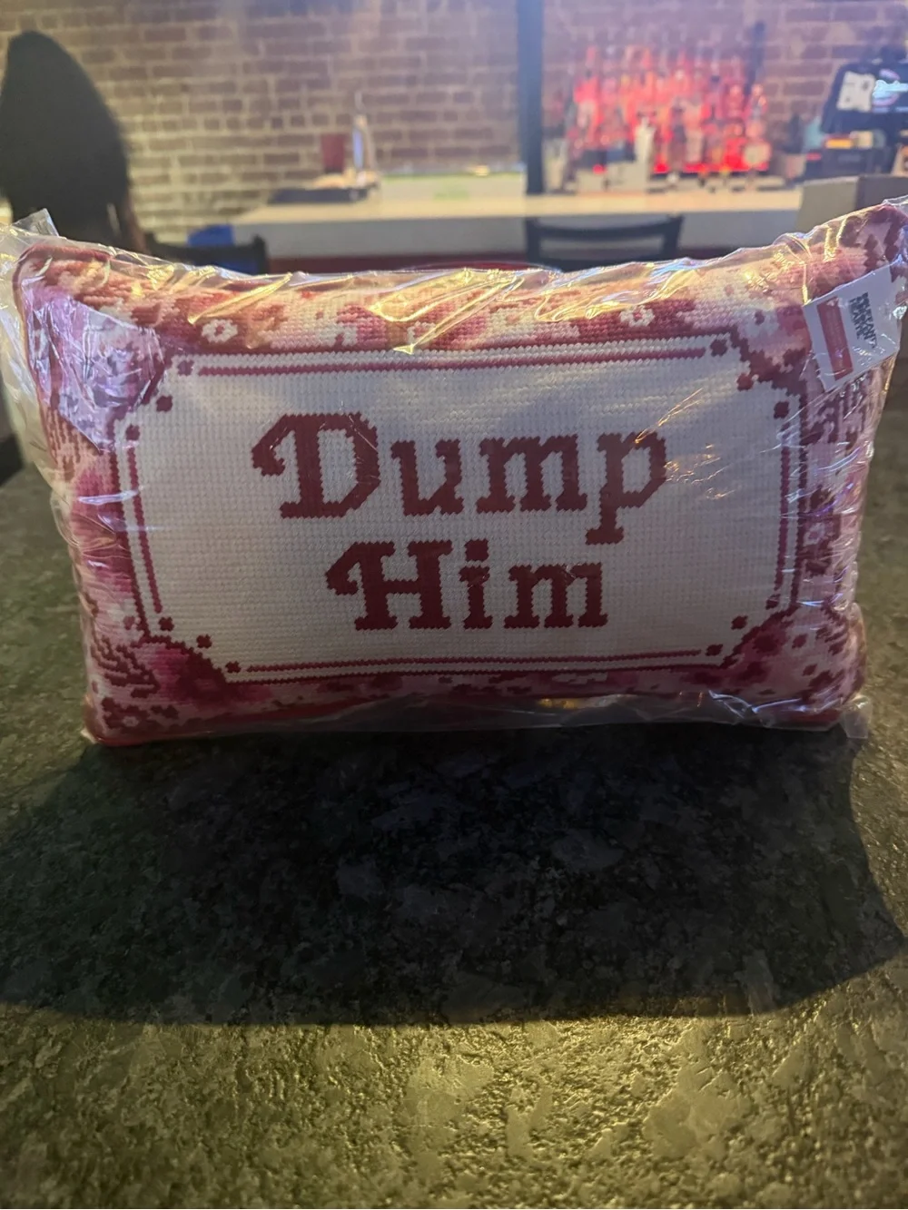 Bouffants & Broken Hearts “Dump Him” Needlepoint Pillow NWT Pink Floral Sassy
